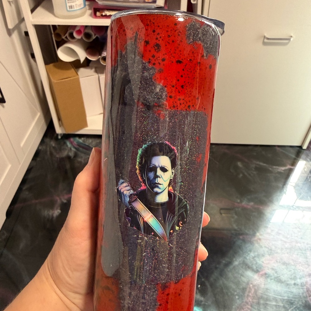 Horror Themed Tumbler with Red and Black Design Handmade Michael Myers Halloween